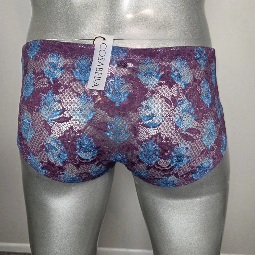 Cosabella Mens Purple Blue‎ Floral Lace Low Rise Briefs Underwear New